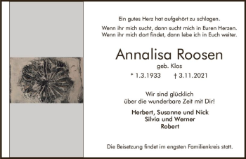 Traueranzeige von Annalisa Roosen von vrm-trauer