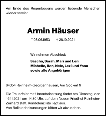 Traueranzeige von Armin Häuser von vrm-trauer