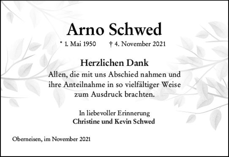  Traueranzeige für Arno Schwed vom 27.11.2021 aus vrm-trauer