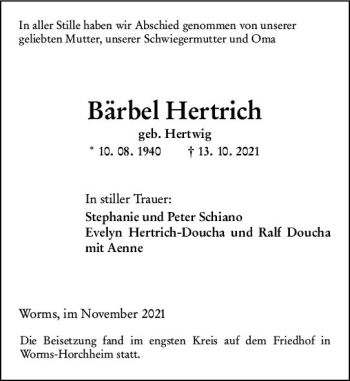 Traueranzeige von Bärbel Hertrich von vrm-trauer
