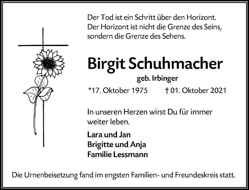  Traueranzeige für Birgit Schuhmacher vom 06.11.2021 aus vrm-trauer