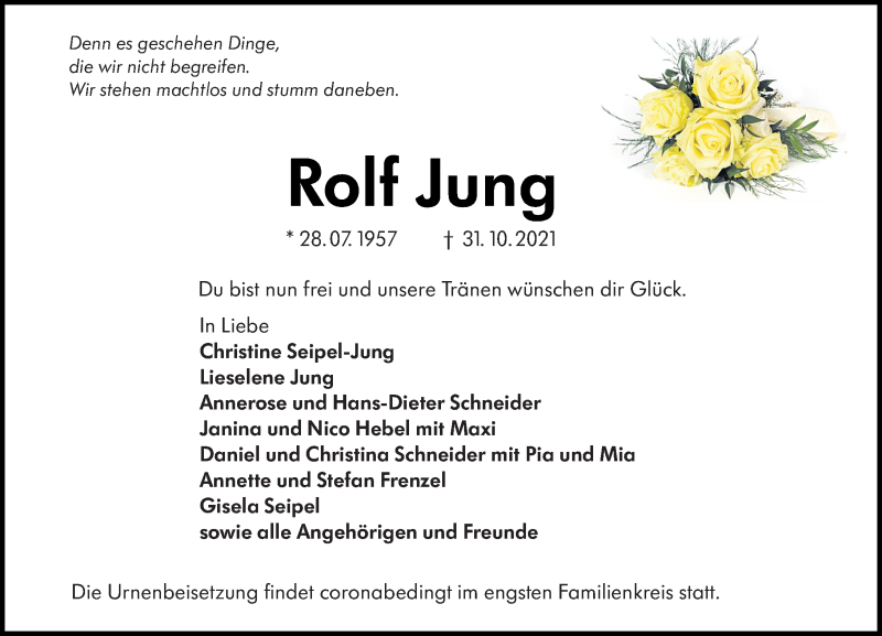  Traueranzeige für Rolf Jung vom 06.11.2021 aus VRM Tageszeitungen