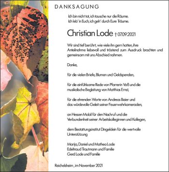 Traueranzeige von Christian Lode von vrm-trauer