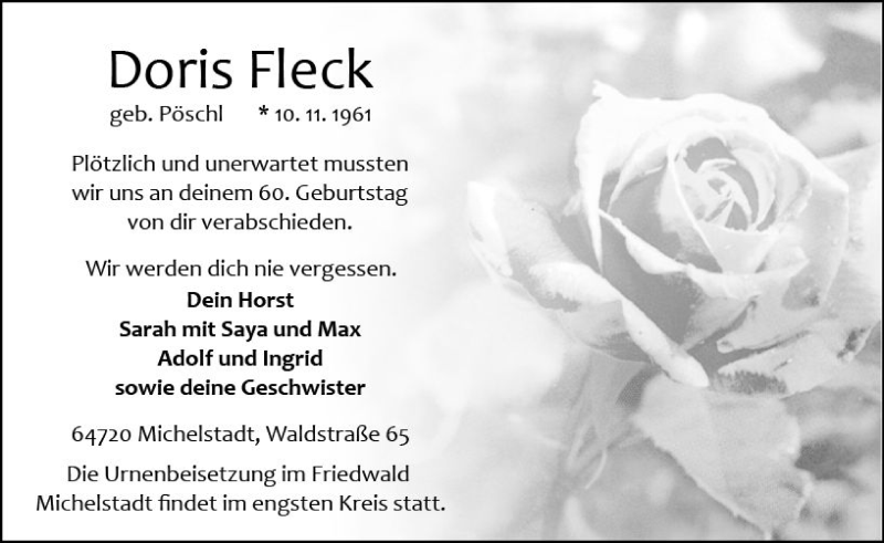  Traueranzeige für Doris Fleck vom 17.11.2021 aus vrm-trauer