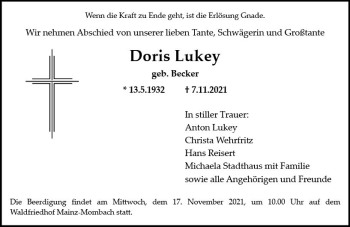 Traueranzeige von Doris Lukey von vrm-trauer