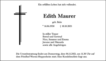 Traueranzeige von Edith Maurer von vrm-trauer