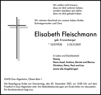 Traueranzeige von Elisabeth Fleischmann von vrm-trauer