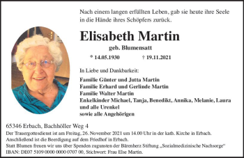Traueranzeige von Elisabeth Martin von vrm-trauer