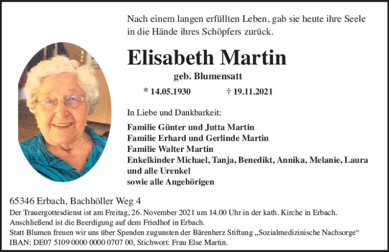  Traueranzeige für Elisabeth Martin vom 22.11.2021 aus vrm-trauer