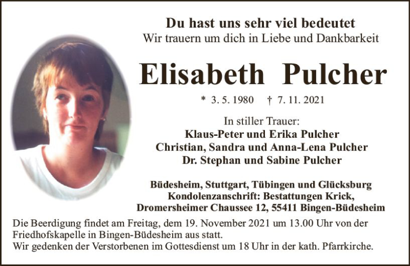  Traueranzeige für Elisabeth Pulcher vom 13.11.2021 aus vrm-trauer