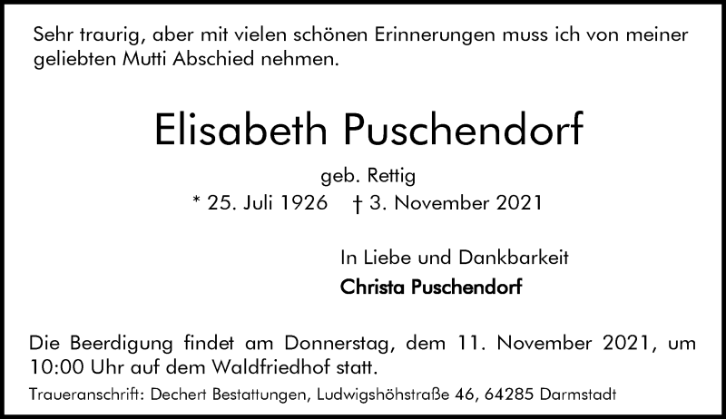  Traueranzeige für Elisabeth Puschendorf vom 06.11.2021 aus vrm-trauer