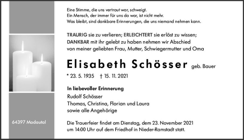  Traueranzeige für Elisabeth Schösser vom 20.11.2021 aus vrm-trauer