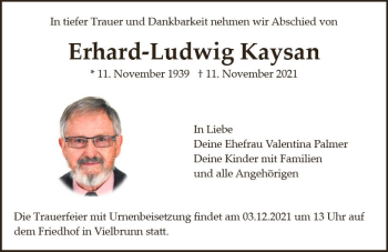 Traueranzeige von Erhard-Ludwig Kaysan von vrm-trauer