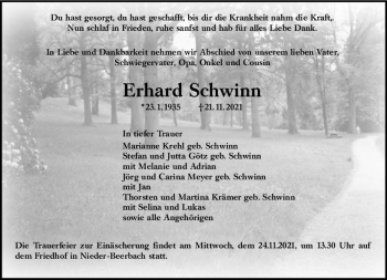 Traueranzeige von Erhard Schwinn von vrm-trauer