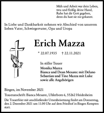 Traueranzeige von Erich Mazza von vrm-trauer