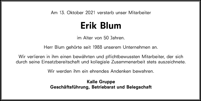  Traueranzeige für Erik Blum vom 06.11.2021 aus vrm-trauer