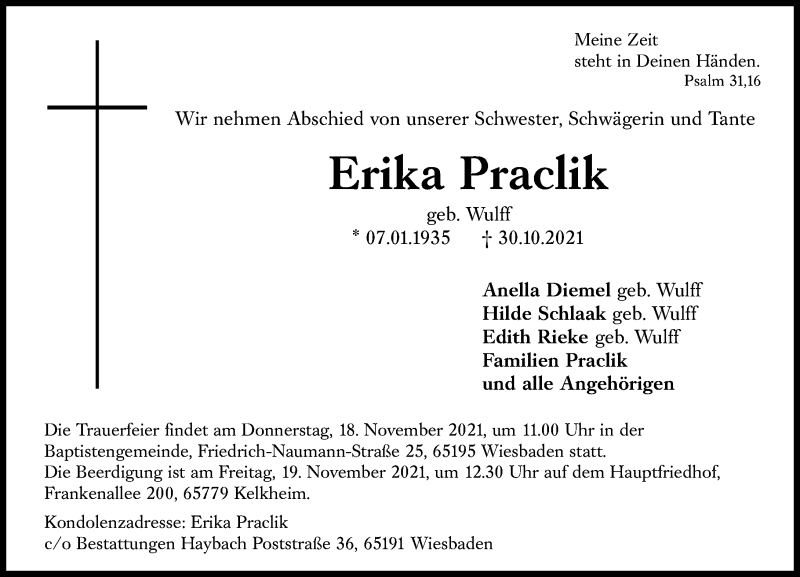 Traueranzeige für Erika Praclik vom 13.11.2021 aus vrm-trauer