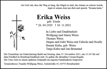 Traueranzeige von Erika Weiss von vrm-trauer