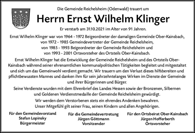  Traueranzeige für Ernst Wilhelm Klinger vom 24.11.2021 aus vrm-trauer