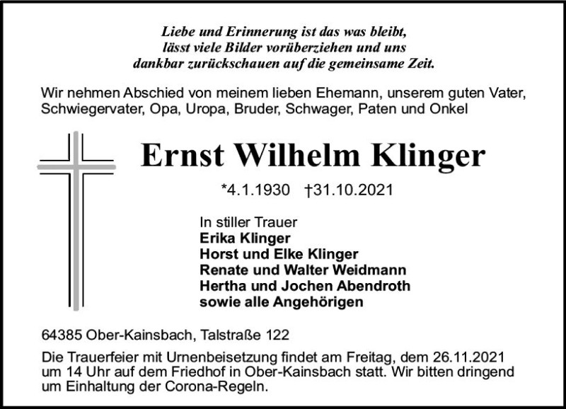  Traueranzeige für Ernst Wilhelm Klinger vom 24.11.2021 aus vrm-trauer