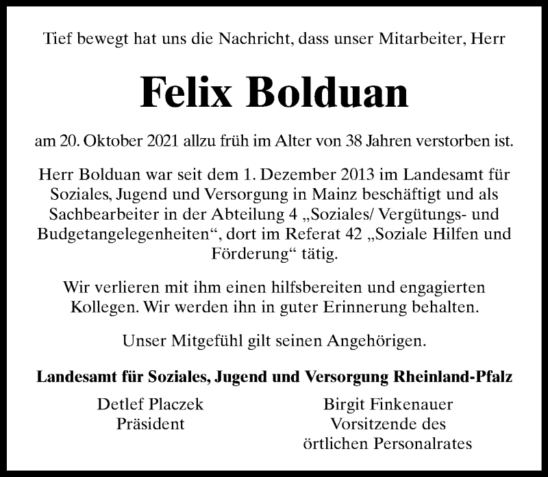  Traueranzeige für Felix Bolduan vom 06.11.2021 aus vrm-trauer