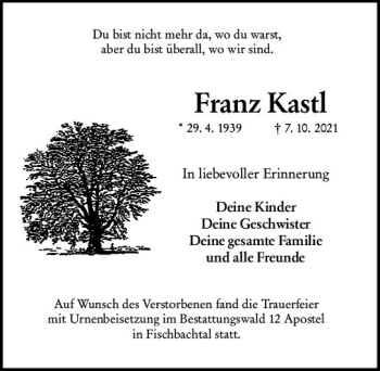 Traueranzeige von Franz Kastl von vrm-trauer