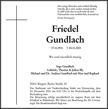 Traueranzeige von Friedel Gundlach von vrm-trauer