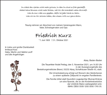 Traueranzeige von Friedrich Kurz von vrm-trauer