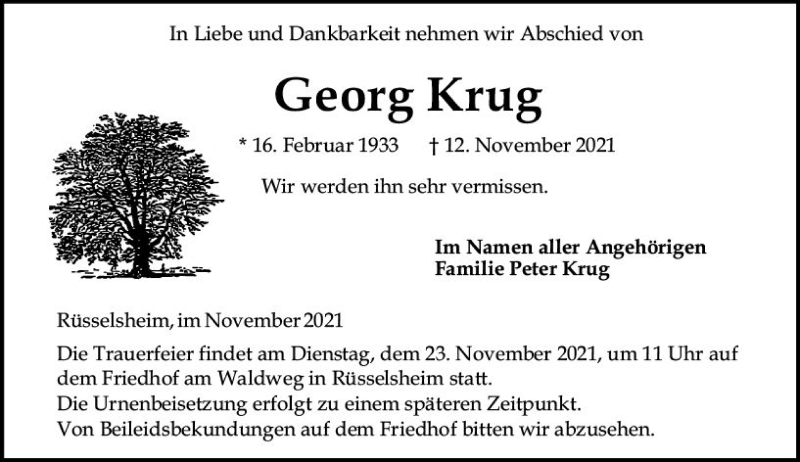  Traueranzeige für Georg Krug vom 20.11.2021 aus vrm-trauer
