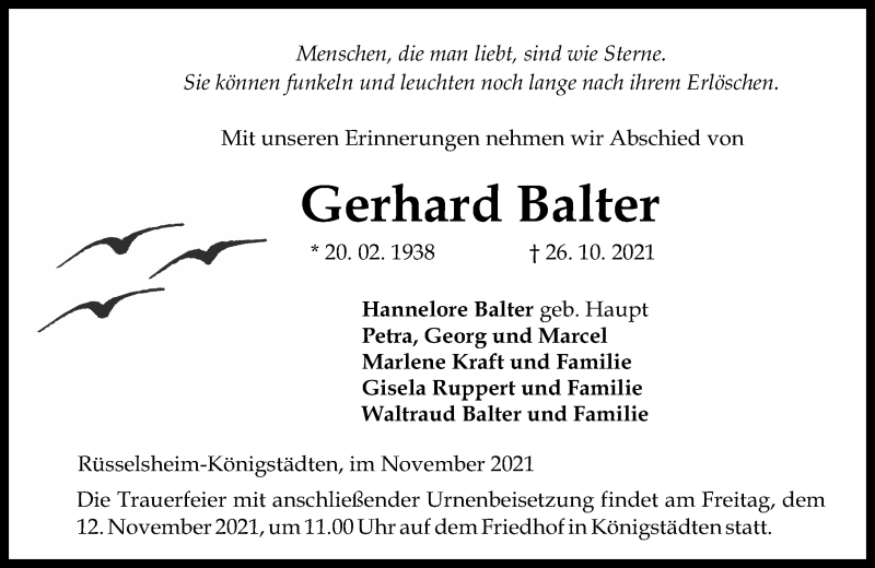 Traueranzeige für Gerhard Balter vom 06.11.2021 aus vrm-trauer