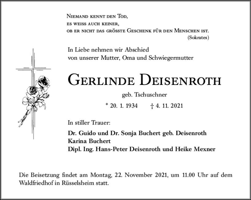  Traueranzeige für Gerlinde Deisenroth vom 13.11.2021 aus vrm-trauer