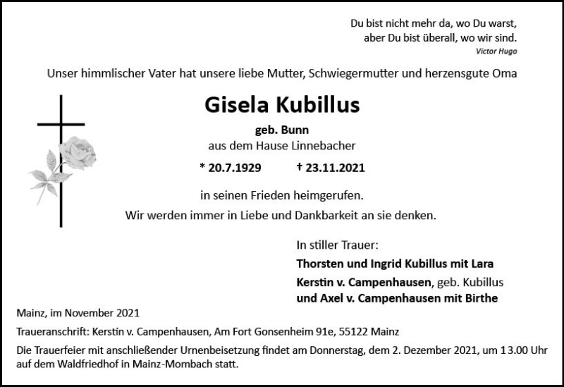  Traueranzeige für Gisela Kubillus vom 27.11.2021 aus vrm-trauer