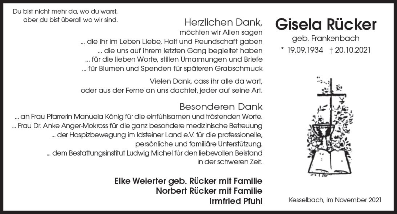  Traueranzeige für Gisela Rücker vom 27.11.2021 aus vrm-trauer
