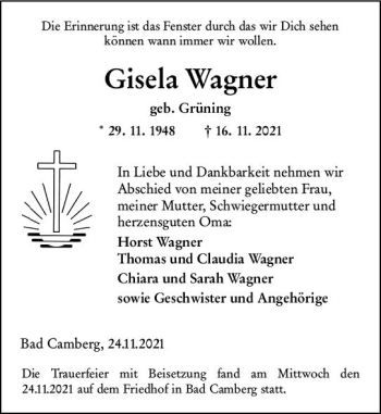 Traueranzeige von Gisela Wagner von  Camberger Anzeiger