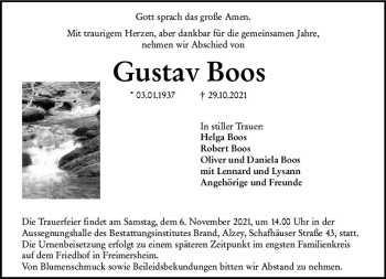 Traueranzeige von Gustav Boos von vrm-trauer