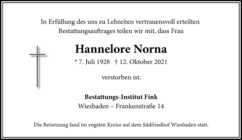  Traueranzeige für Hannelore Norna vom 06.11.2021 aus vrm-trauer