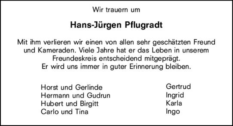 Traueranzeige für Hans-Jürgen Pflugradt vom 20.11.2021 aus vrm-trauer