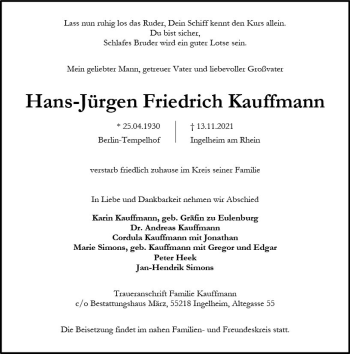 Traueranzeige von Hans-Jürgen Friedrich Kauffmann von vrm-trauer