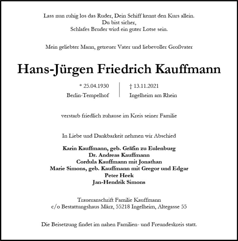  Traueranzeige für Hans-Jürgen Friedrich Kauffmann vom 20.11.2021 aus vrm-trauer