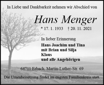 Traueranzeige von Hans Menger von vrm-trauer