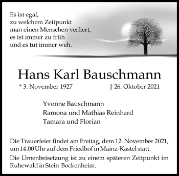 Traueranzeige von Hans Karl Bauschmann von vrm-trauer