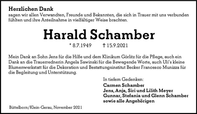  Traueranzeige für Harald Schamber vom 13.11.2021 aus vrm-trauer