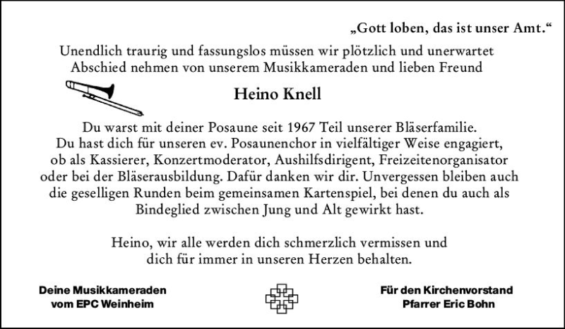  Traueranzeige für Heino Knell vom 10.11.2021 aus vrm-trauer