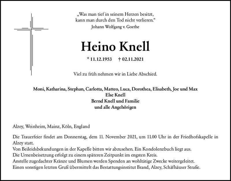  Traueranzeige für Heino Knell vom 09.11.2021 aus vrm-trauer