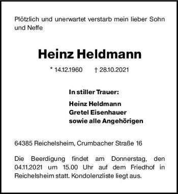 Traueranzeige von Heinz Heldmann von vrm-trauer