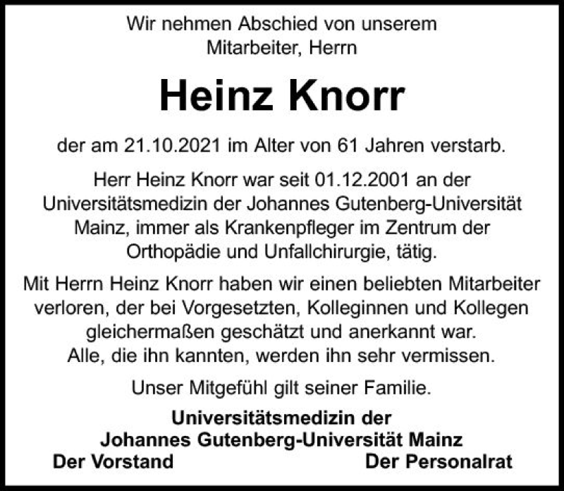  Traueranzeige für Heinz Knorr vom 17.11.2021 aus vrm-trauer