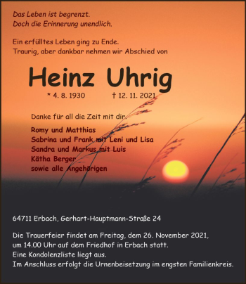 Traueranzeige von Heinz Uhrig von vrm-trauer