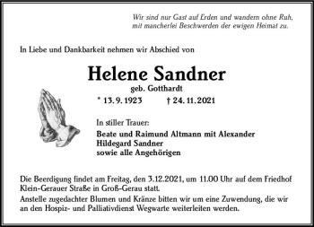Traueranzeige von Helene Sandner von vrm-trauer