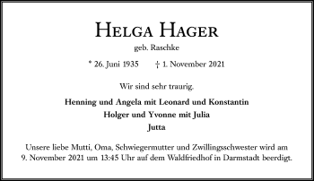 Traueranzeige von Helga Hager von vrm-trauer