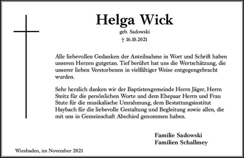  Traueranzeige für Helga Wick vom 20.11.2021 aus vrm-trauer